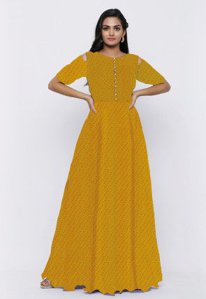 Leheriya Printed Georgette Flared Gown in Yellow