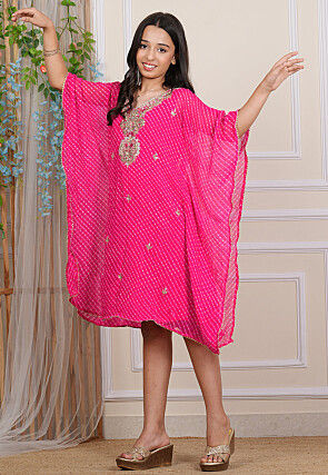 Leheriya Printed Georgette Kaftan Dress in Pink