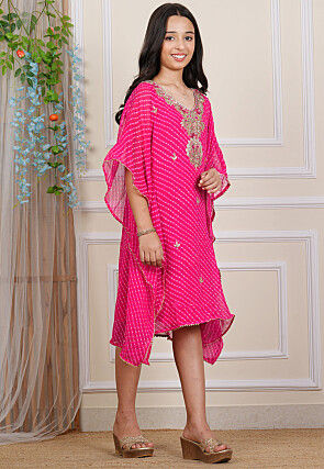 Leheriya Printed Georgette Kaftan Dress in Pink