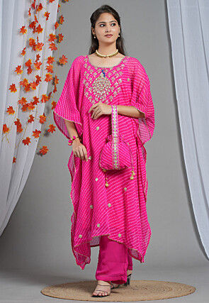 Leheriya Printed Georgette Kaftan Kurta Set in Pink
