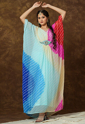 Leheriya Printed Georgette Kaftan Style Dress in Multicolor