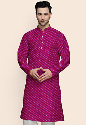 Leheriya Printed Georgette Kurta in Fuchsia
