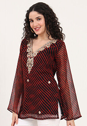 Leheriya Printed Georgette Kurti in Black and Red