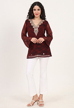 Leheriya Printed Georgette Kurti in Black and Red
