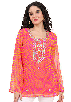 Leheriya Printed Georgette Kurti in Pink and Yellow