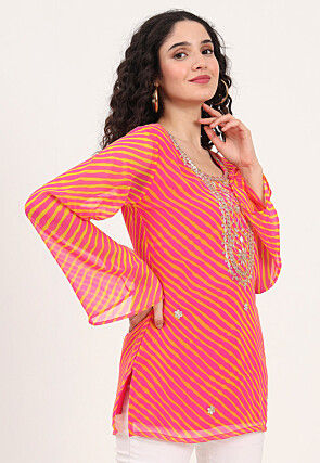 Leheriya Printed Georgette Kurti in Pink and Yellow