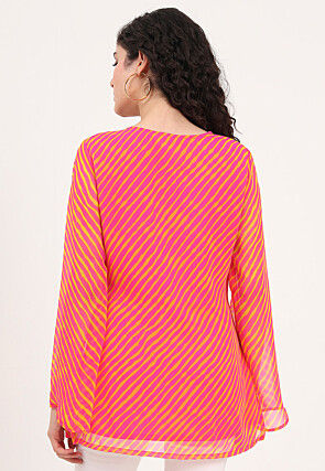 Leheriya Printed Georgette Kurti in Pink and Yellow