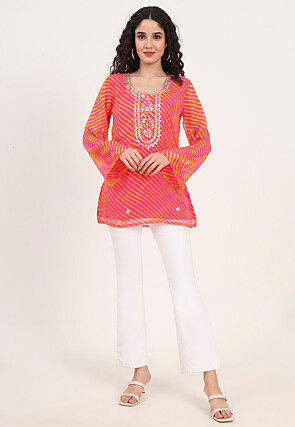 Leheriya Printed Georgette Kurti in Pink and Yellow