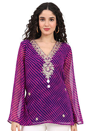 Leheriya Printed Georgette Kurti in Purple and Pink
