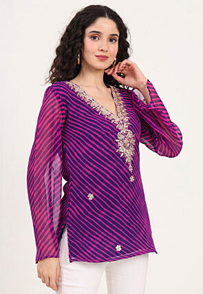 Leheriya Printed Georgette Kurti in Purple and Pink