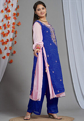 Leheriya Printed Georgette Layered Kurta Set in Blue and Pink