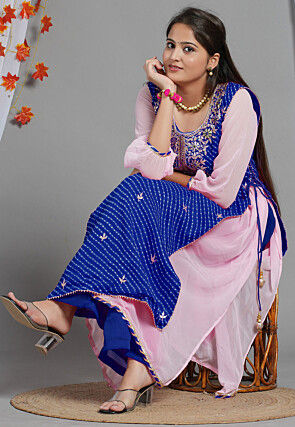 Leheriya Printed Georgette Layered Kurta Set in Blue and Pink