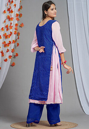 Leheriya Printed Georgette Layered Kurta Set in Blue and Pink
