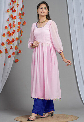 Leheriya Printed Georgette Layered Kurta Set in Blue and Pink