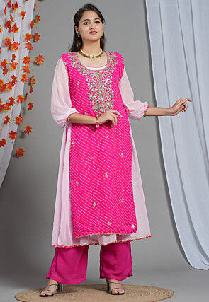 Leheriya Printed Georgette Layered Kurta Set in Pink and Baby Pink