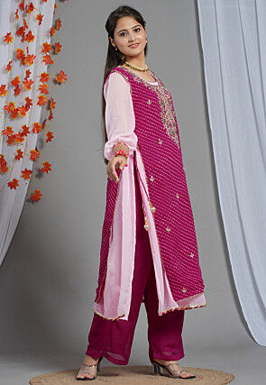 Leheriya Printed Georgette Layered Kurta Set in Pink