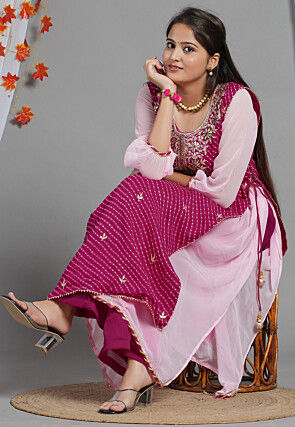 Leheriya Printed Georgette Layered Kurta Set in Pink