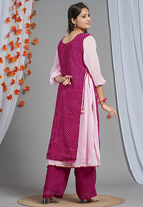 Leheriya Printed Georgette Layered Kurta Set in Pink