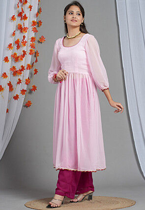 Leheriya Printed Georgette Layered Kurta Set in Pink