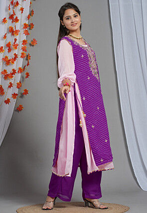 Leheriya Printed Georgette Layered Kurta Set in Purple and Pink