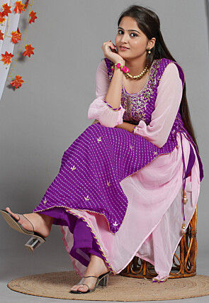 Leheriya Printed Georgette Layered Kurta Set in Purple and Pink