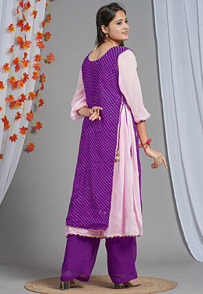 Leheriya Printed Georgette Layered Kurta Set in Purple and Pink