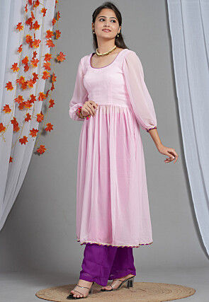 Leheriya Printed Georgette Layered Kurta Set in Purple and Pink
