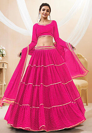 Leheriya Printed Georgette Lehenga in Fuchsia