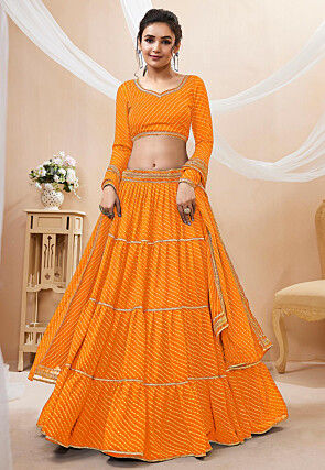 Leheriya Printed Georgette Lehenga in Yellow