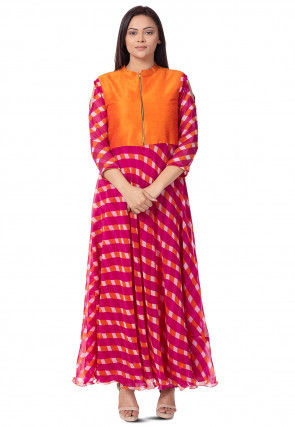 Leheriya Printed Georgette Long Kurta in Magenta and Orange