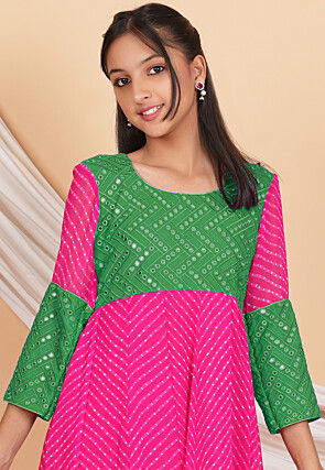 Leheriya Printed Georgette Long Kurta Set in Fuchsia and Green