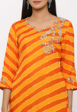 Leheriya Printed Georgette Pakistani Suit in Yellow and Orange