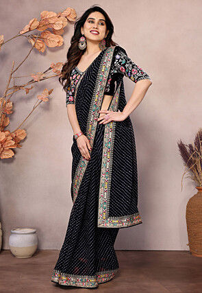 Leheriya Printed Georgette Saree in Black