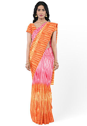 Leheriya Printed Georgette Saree in Orange and Coral Pink