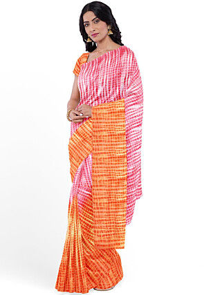 Leheriya Printed Georgette Saree in Orange and Coral Pink