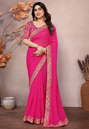 Leheriya Printed Georgette Saree in Fuchsia