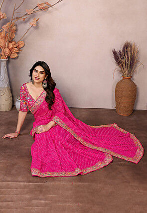 Leheriya Printed Georgette Saree in Fuchsia