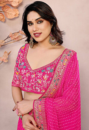 Leheriya Printed Georgette Saree in Fuchsia
