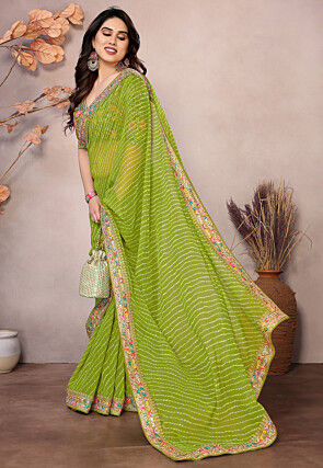 Leheriya Printed Georgette Saree in Light Green