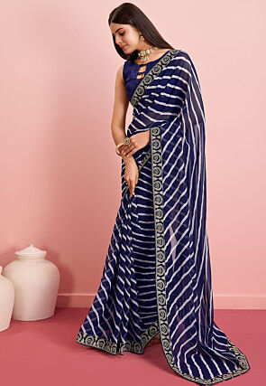 Leheriya Printed Georgette Saree in Navy Blue