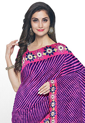Leheriya Printed Georgette Saree in Pink and Purple