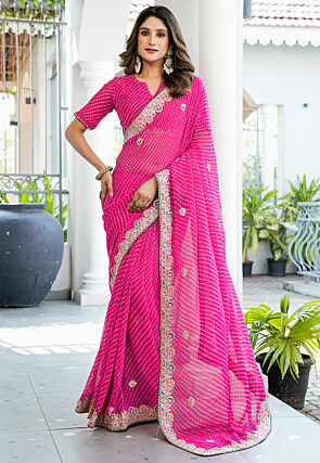Leheriya Printed Georgette Saree in Pink