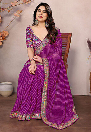 Leheriya Printed Georgette Saree in Purple