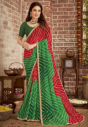 Leheriya Printed Georgette Saree in Red and Green