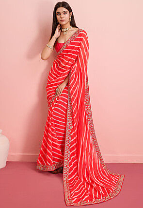 Leheriya Printed Georgette Saree in Red