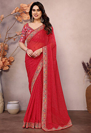 Leheriya Printed Georgette Saree in Red