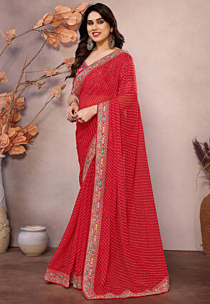 Leheriya Printed Georgette Saree in Red