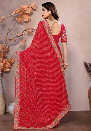 Leheriya Printed Georgette Saree in Red