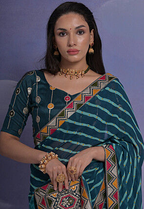 Leheriya Printed Georgette Saree in Teal Blue