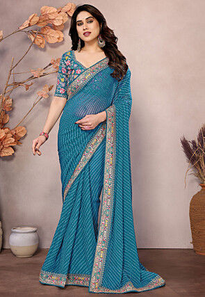Leheriya Printed Georgette Saree in Teal Blue